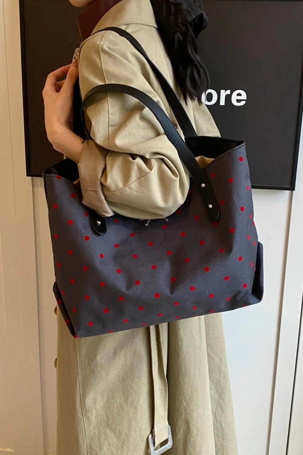 Polyester Bow Polka Dot Tote Bag - Tote Bag by Trendsi | Available at Handbags Specialist Headquarter