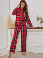 Plaid Collared Neck Long Sleeve Top and Pants Lounge Set - Sleepwear by Trendsi | Available at Handbags Specialist Headquarter