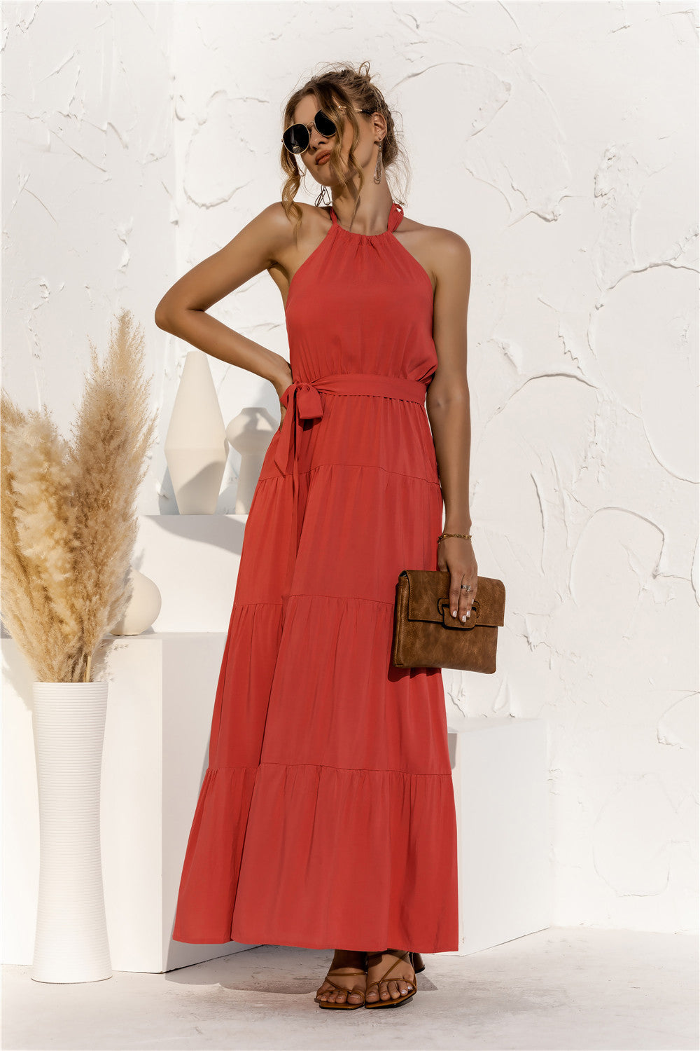 Halter Neck Tie Waist Tiered Maxi Dress - Maxi Dress by Trendsi | Available at Handbags Specialist Headquarter