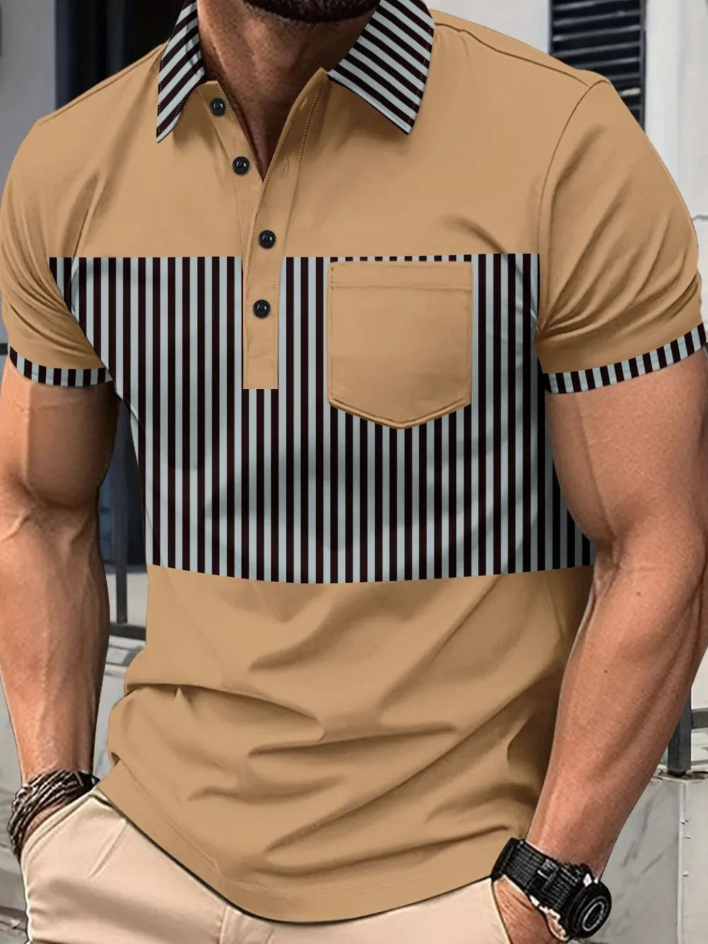 Men's Full Size Collared Contrast Striped Polo Plus Size - Men's Polo shirt by Trendsi | Available at Handbags Specialist Headquarter