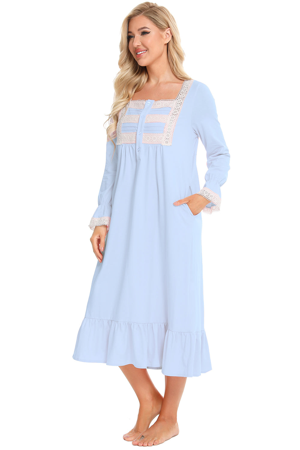 Lace Detail Square Neck Flounce Sleeve Night Dress - Sleepwear by Trendsi | Available at Handbags Specialist Headquarter