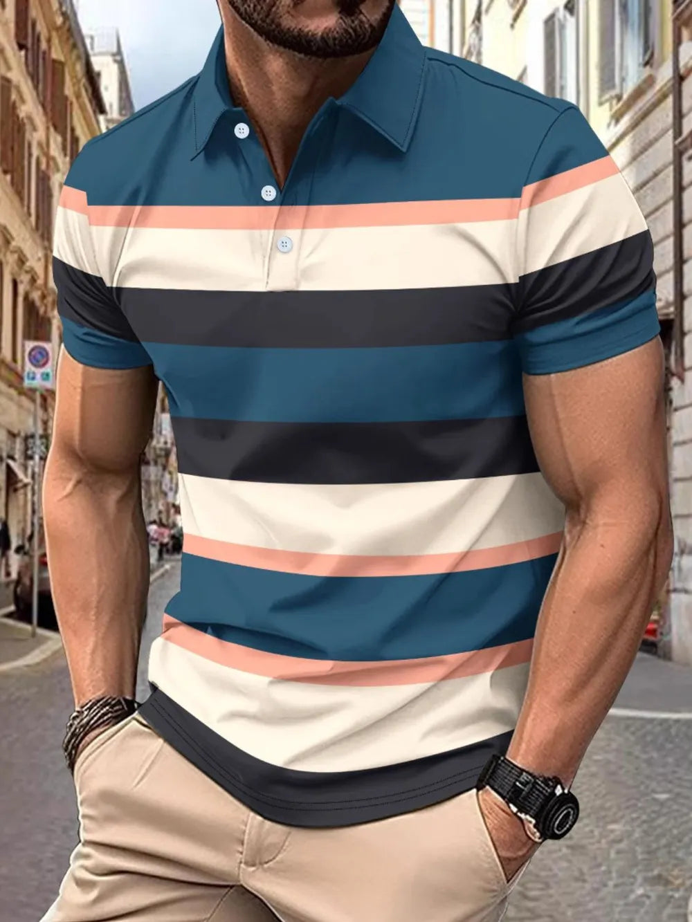 Men's Full Size Collared Short Sleeve Striped Polo Plus Size - Men's Polo shirt by Trendsi | Available at Handbags Specialist Headquarter