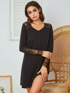 Lace Detail Long Sleeve Mini Lounge Dress - Sleepwear by Trendsi | Available at Handbags Specialist Headquarter