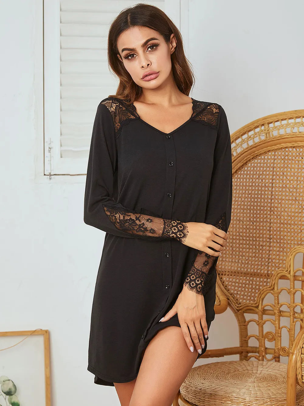 Lace Detail Long Sleeve Mini Lounge Dress - Sleepwear by Trendsi | Available at Handbags Specialist Headquarter