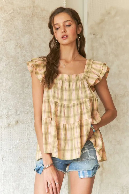 ADORA Ruffled Square Neck Cap Sleeve Babydoll Blouse - Tops by Trendsi | Available at Handbags Specialist Headquarter