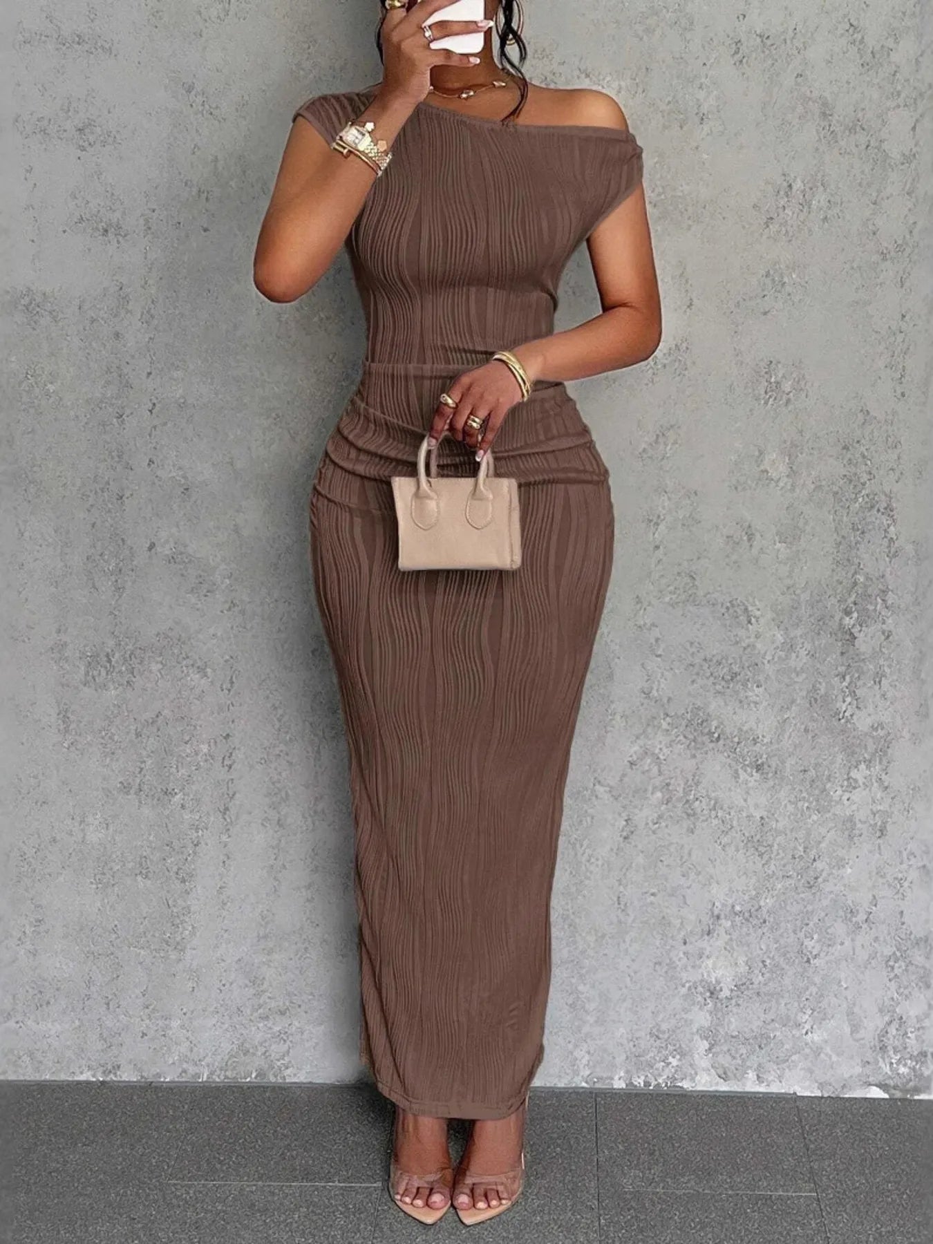Textured Single Shoulder Bodycon Maxi Dress - Maxi Dress by Trendsi | Available at Handbags Specialist Headquarter