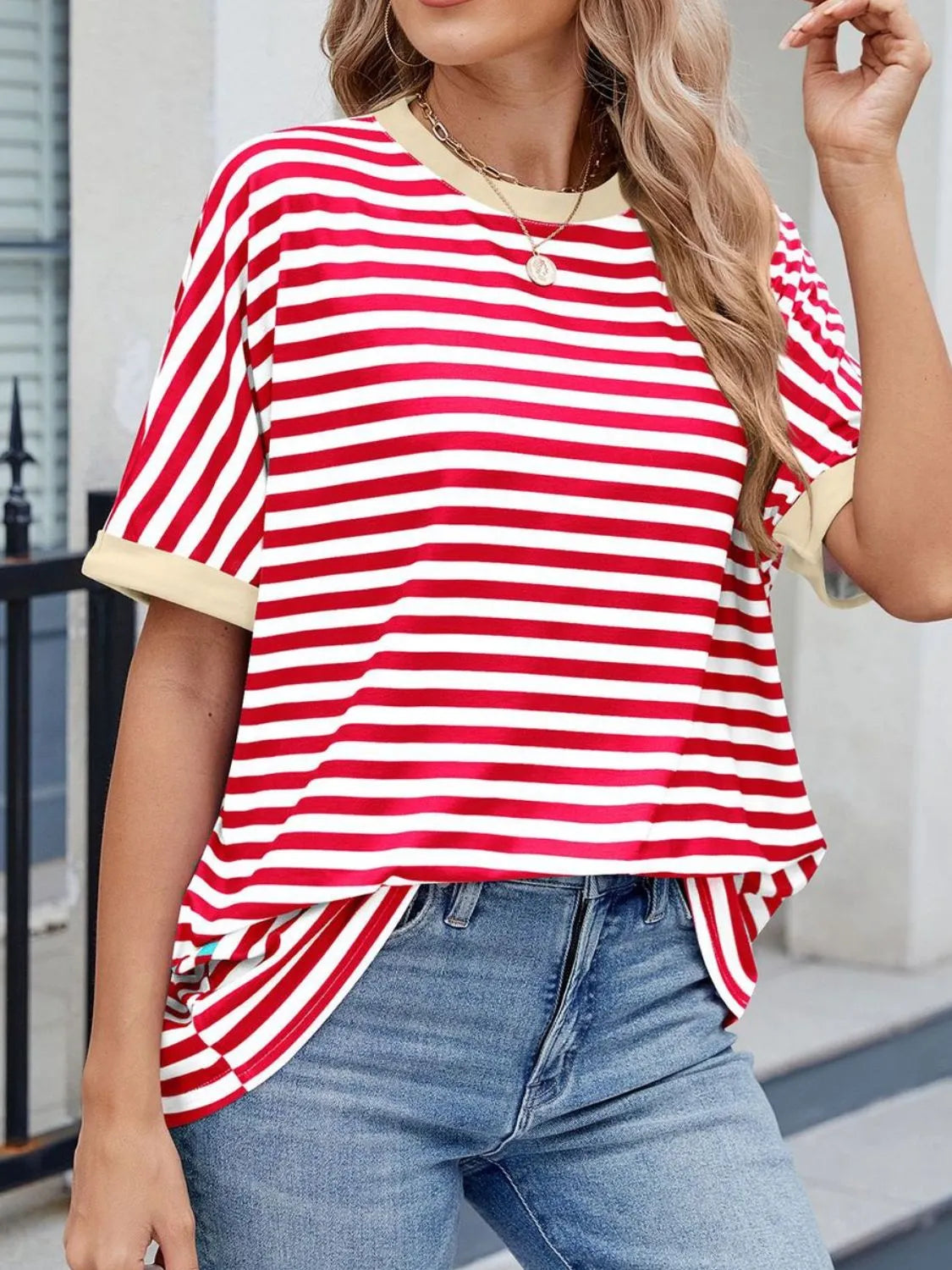Striped Round Neck Half Sleeve T-Shirt - Women / Tops by Trendsi | Available at Handbags Specialist Headquarter