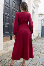 Pleated Long Sleeve Surplice Maxi Dress - Maxi Dress by Trendsi | Available at Handbags Specialist Headquarter