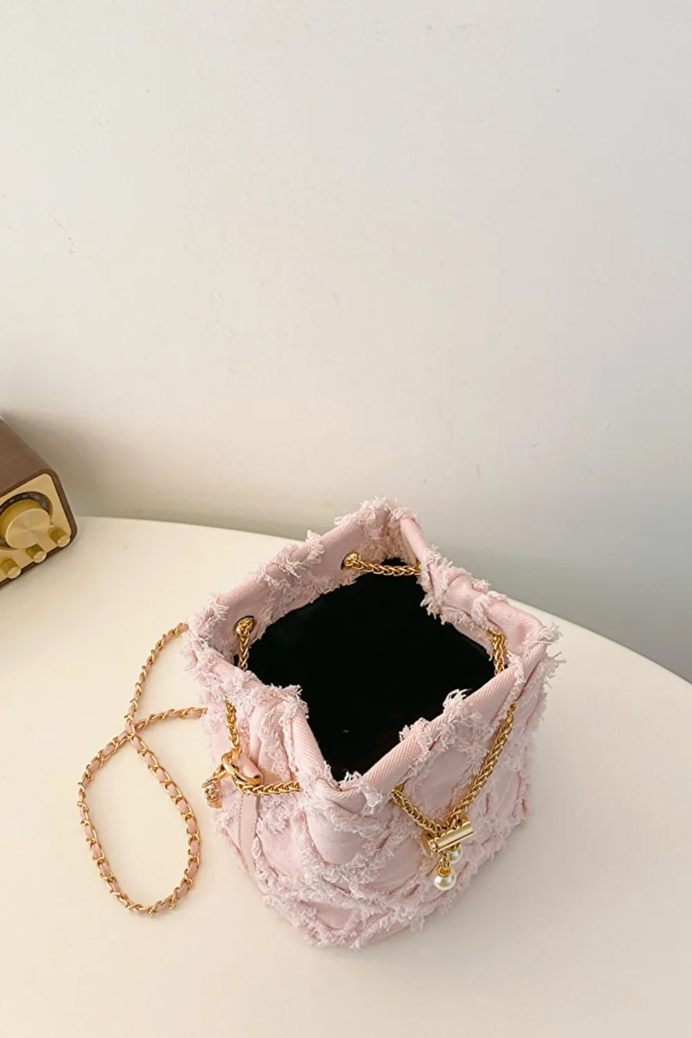 Chain Drawstring Raw Edge Denim Bucket Bag - Crossbody Bag by Trendsi | Available at Handbags Specialist Headquarter