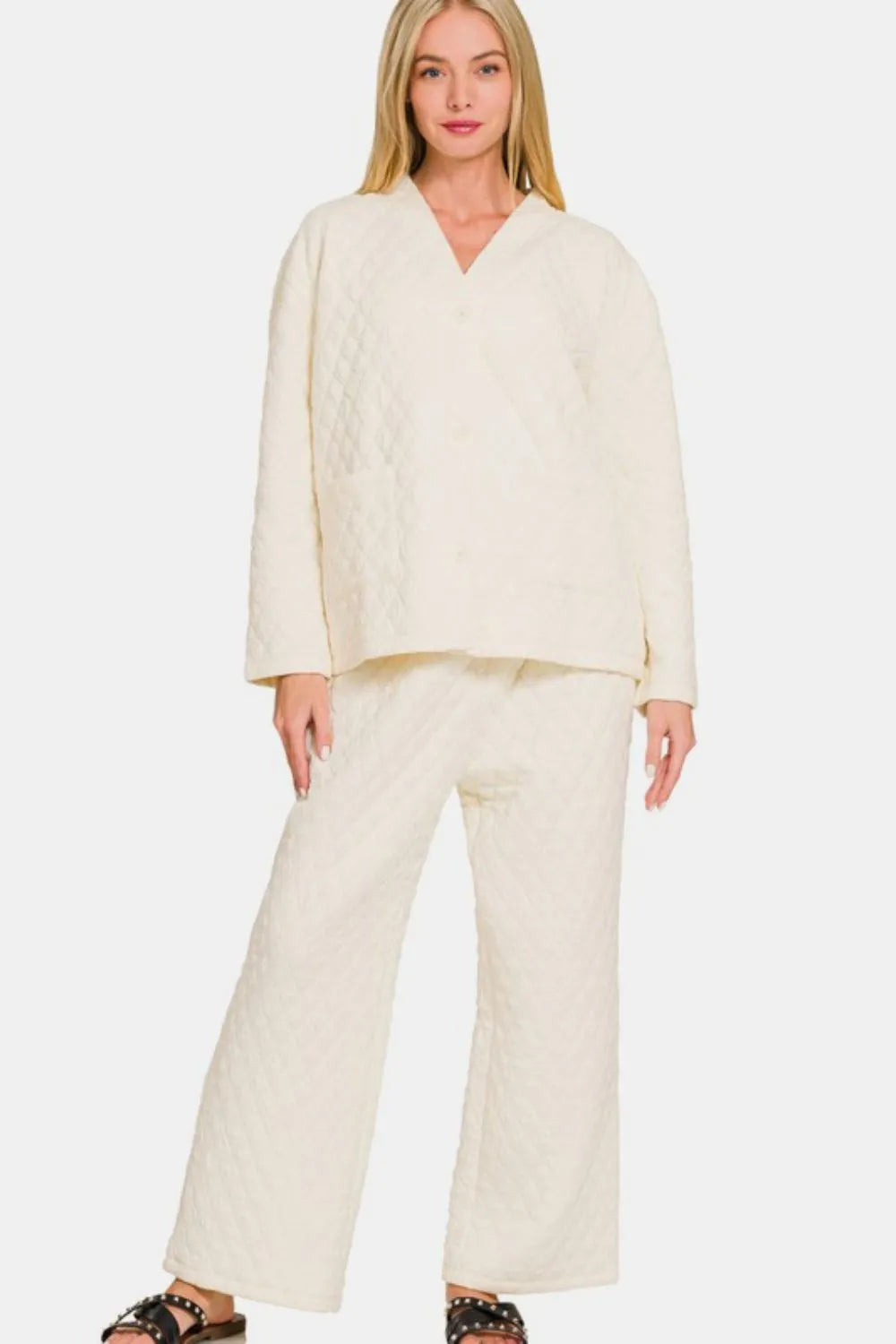 Zenana Quilted Button Up Long Sleeve Top and Pants Lounge Set - Sleepwear by Trendsi | Available at Handbags Specialist Headquarter
