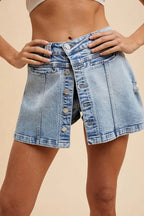 Annie Wear Button Detail Stretch Denim Wrap Mini Skort - Skirts by Trendsi | Available at Handbags Specialist Headquarter