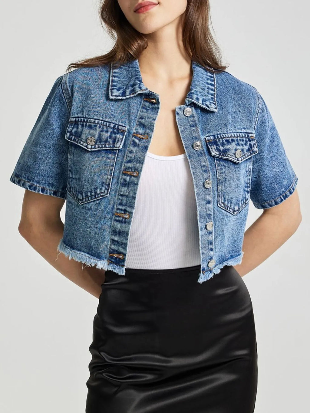Cropped Short Sleeve Denim Jacket with Frayed Hem - Women / Jeans & Denim by Trendsi | Available at Handbags Specialist Headquarter