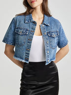 Cropped Short Sleeve Denim Jacket with Frayed Hem - Women / Jeans & Denim by Trendsi | Available at Handbags Specialist Headquarter