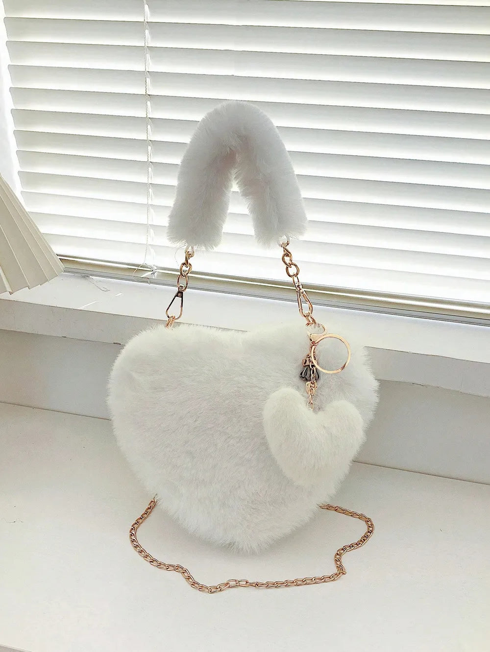 Heart Shape Faux Fur Handbag - handbags by Trendsi | Available at Handbags Specialist Headquarter