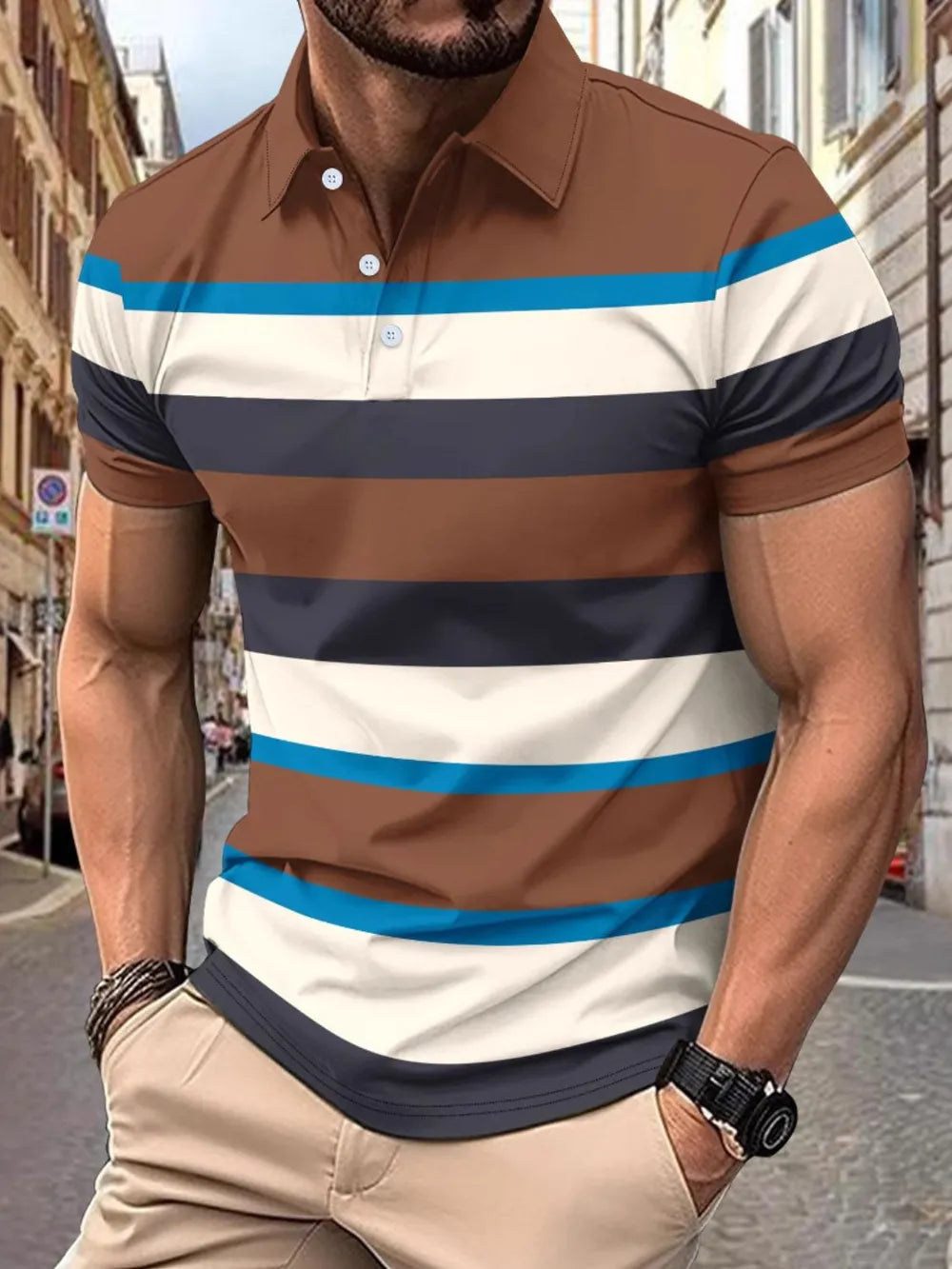 Men's Full Size Collared Short Sleeve Striped Polo Plus Size - Men's Polo shirt by Trendsi | Available at Handbags Specialist Headquarter