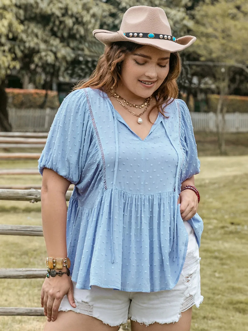 Plus Size Swiss Dot Tie Neck Short Sleeve Blouse - Plus Size Shirts by Trendsi | Available at Handbags Specialist Headquarter