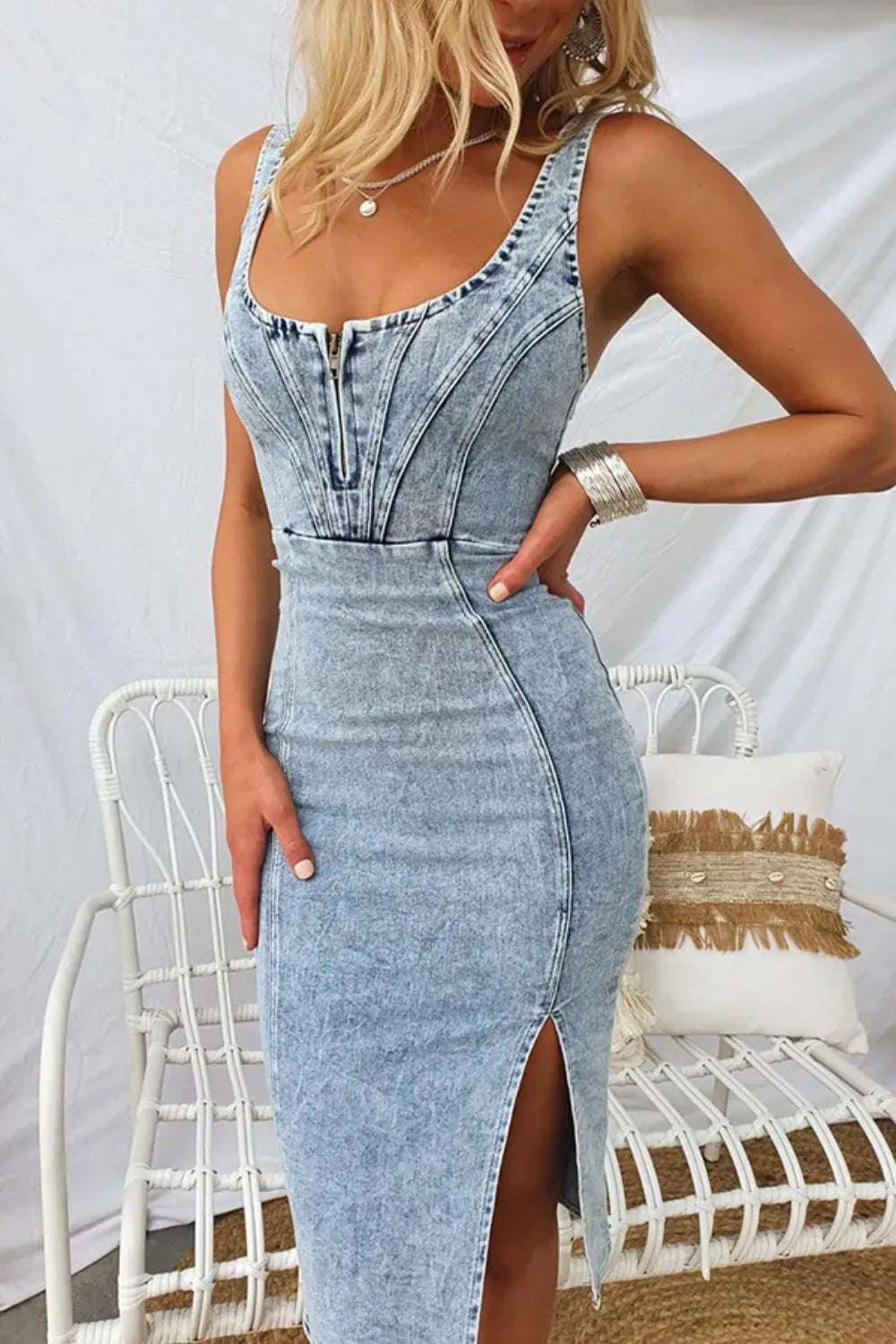 Side Slit Washed Scoop Neck Denim Dress - Women / Jeans & Denim by Trendsi | Available at Handbags Specialist Headquarter