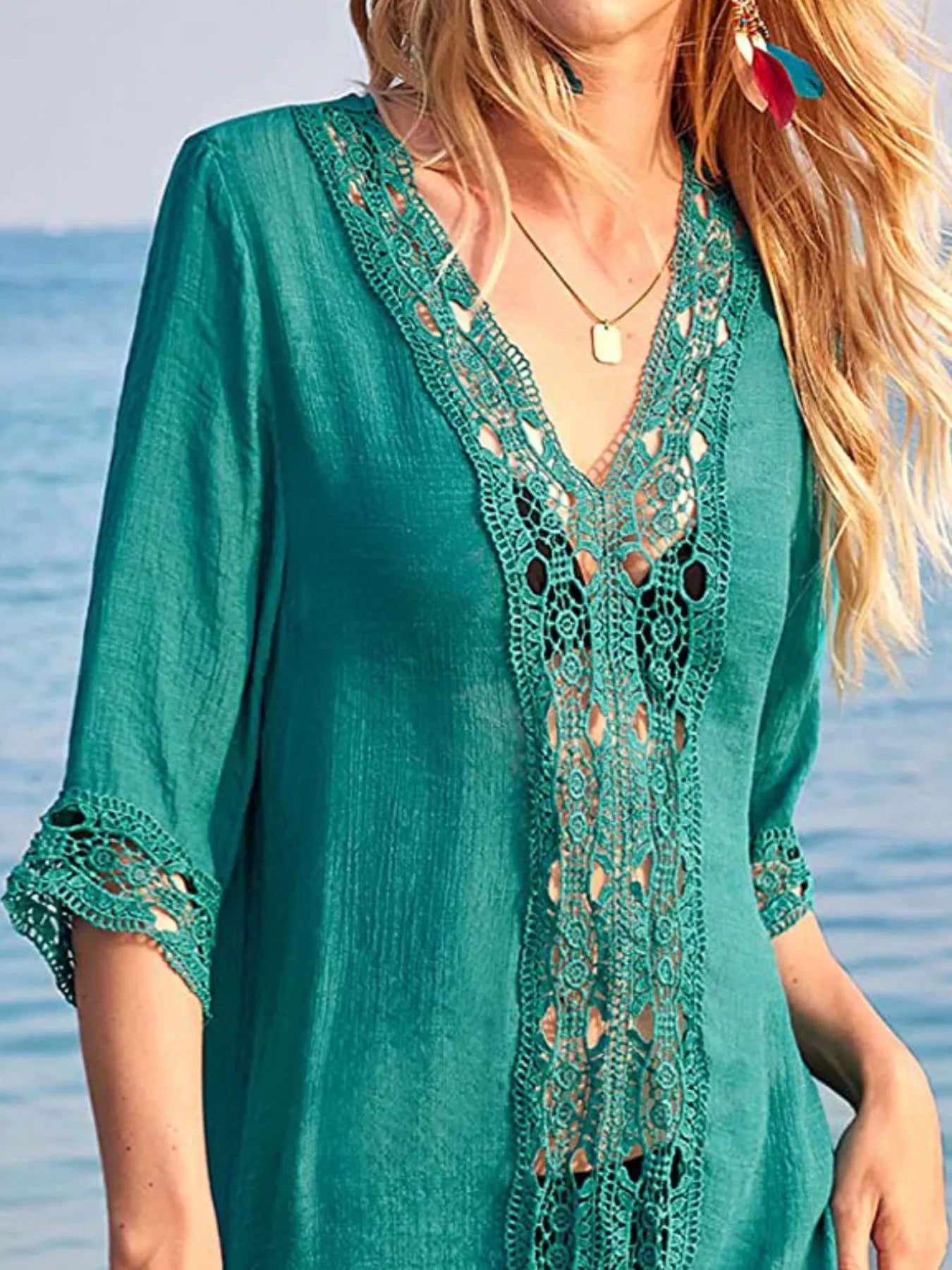 Lace Trim V-Neck Cover-Up - Tops by Trendsi | Available at Handbags Specialist Headquarter