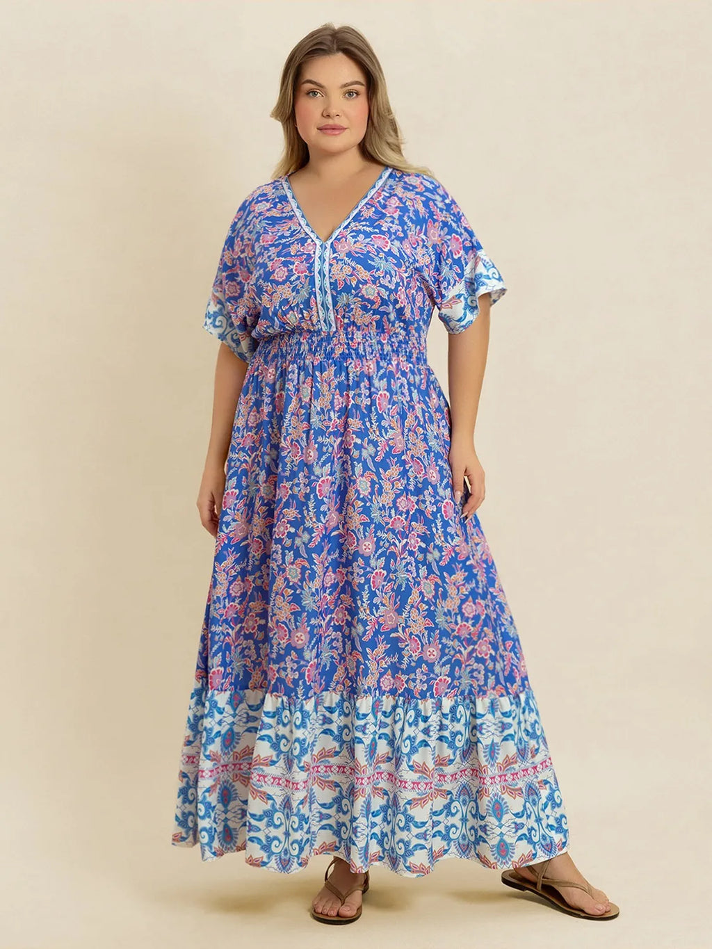 Plus Size Smocked Printed Half Sleeve Midi Dress - Dresses by Trendsi | Available at Handbags Specialist Headquarter