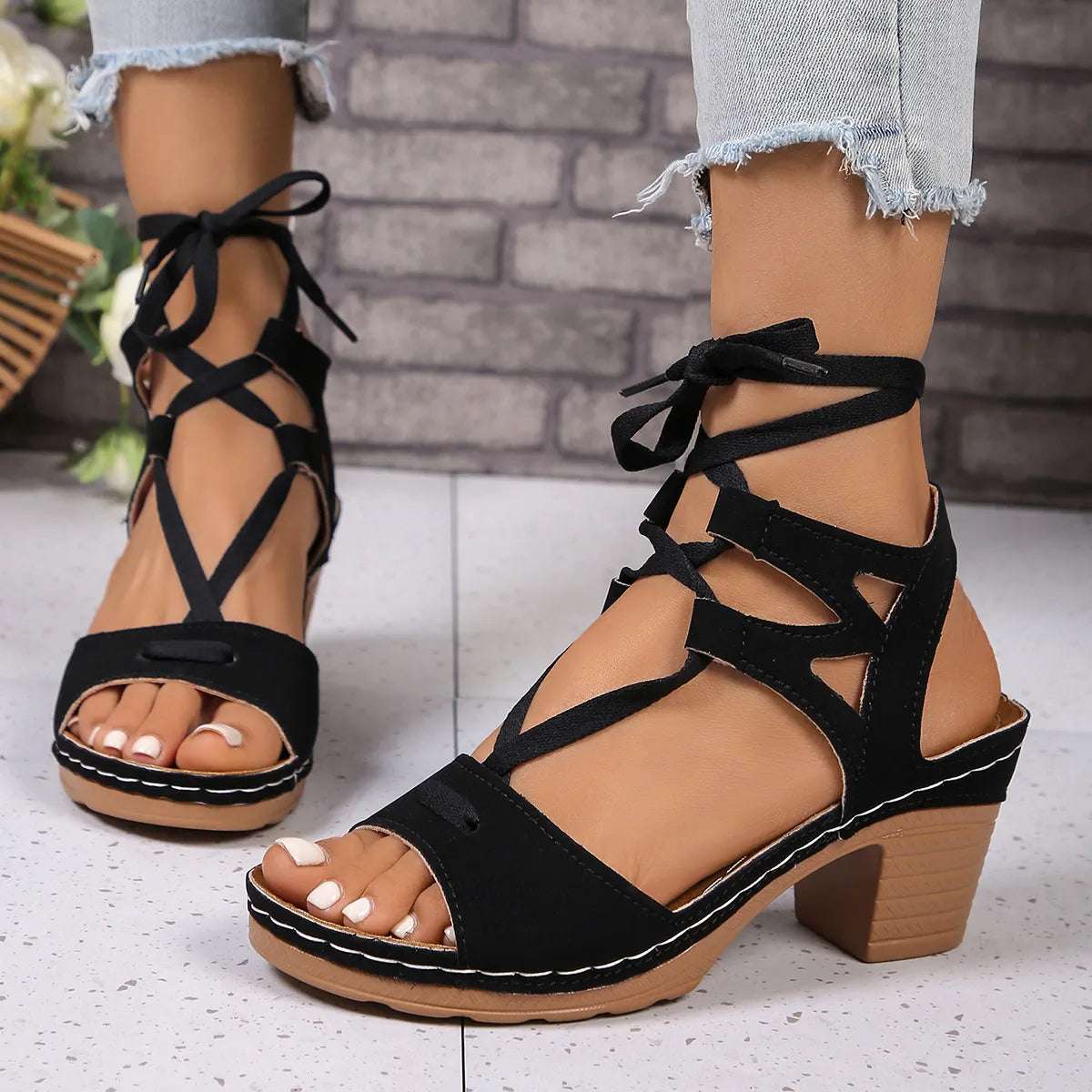 Lace-Up Block Heel Sandals - Women Sandals by Trendsi | Available at Handbags Specialist Headquarter