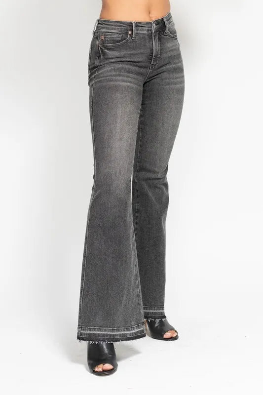 Judy Blue Full Size Mid Rise Tummy Control Washed Gray Release Hem Flare Jeans Plus Size - Women / Jeans & Denim by Trendsi | Available at Handbags Specialist Headquarter