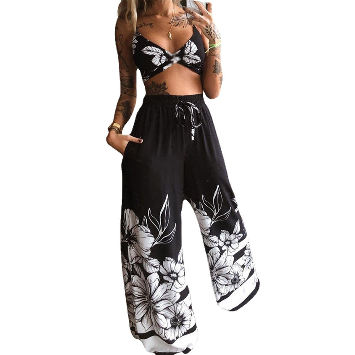 Chic Harmony: Printed Tube & Flowing Pants Set