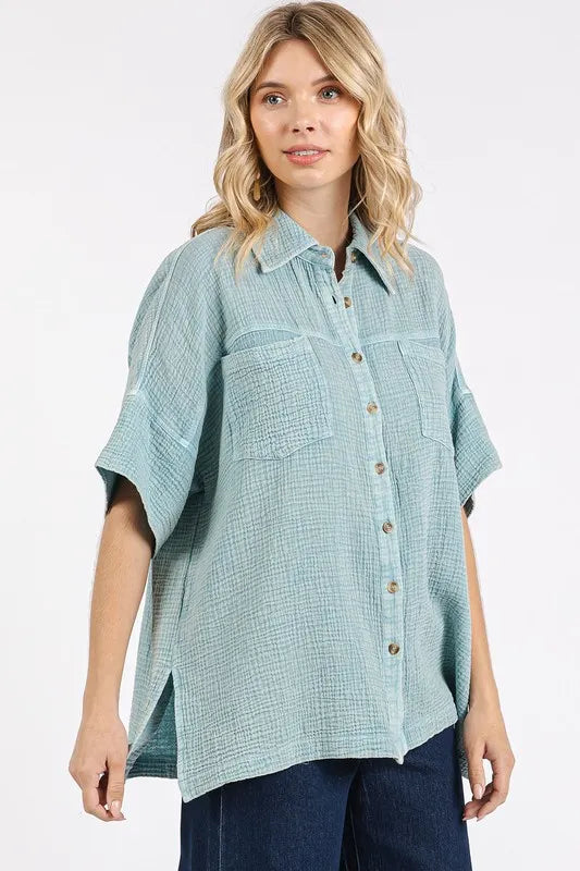 Mittoshop Mineral Wash Gauze Oversized Short Sleeve Shirt - Women / Jeans & Denim by Trendsi | Available at Handbags Specialist Headquarter