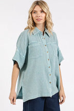 Mittoshop Mineral Wash Gauze Oversized Short Sleeve Shirt - Women / Jeans & Denim by Trendsi | Available at Handbags Specialist Headquarter