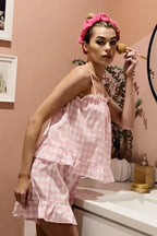 Lime 'N' Chili Gingham Ruffle Trim Cami and Shorts Pajama Set - Sleepwear by Trendsi | Available at Handbags Specialist Headquarter