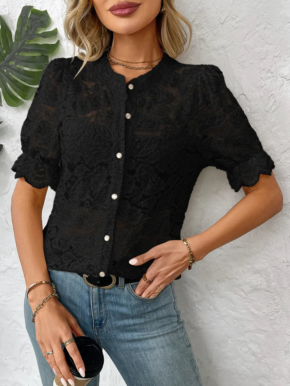 Button Down Half Sleeve Lace Shirt - Women's Down Shirt Tops by Trendsi | Available at Handbags Specialist Headquarter