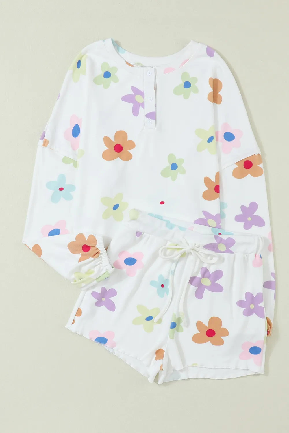 Printed Quarter Button Top and Drawstring Shorts Lounge Set - Sleepwear by Trendsi | Available at Handbags Specialist Headquarter