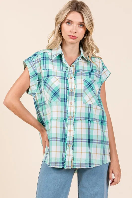 Mittoshop Mineral Wash Plaid Button Down Shirt - Women's Down Shirt Tops by Trendsi | Available at Handbags Specialist Headquarter