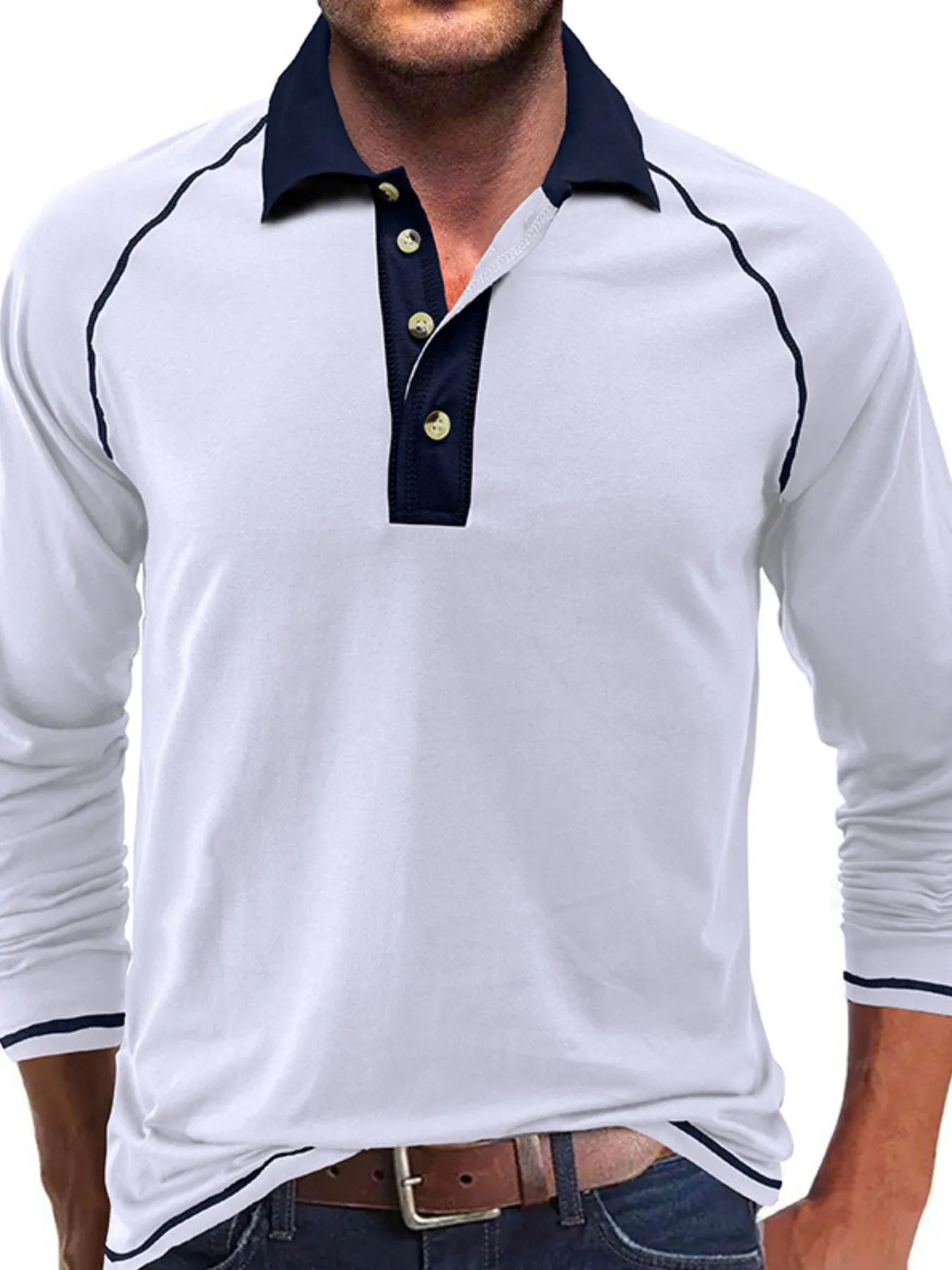 Men's Contrast Collar Long Sleeve Polo Shirt - Men's Polo shirt by Trendsi | Available at Handbags Specialist Headquarter