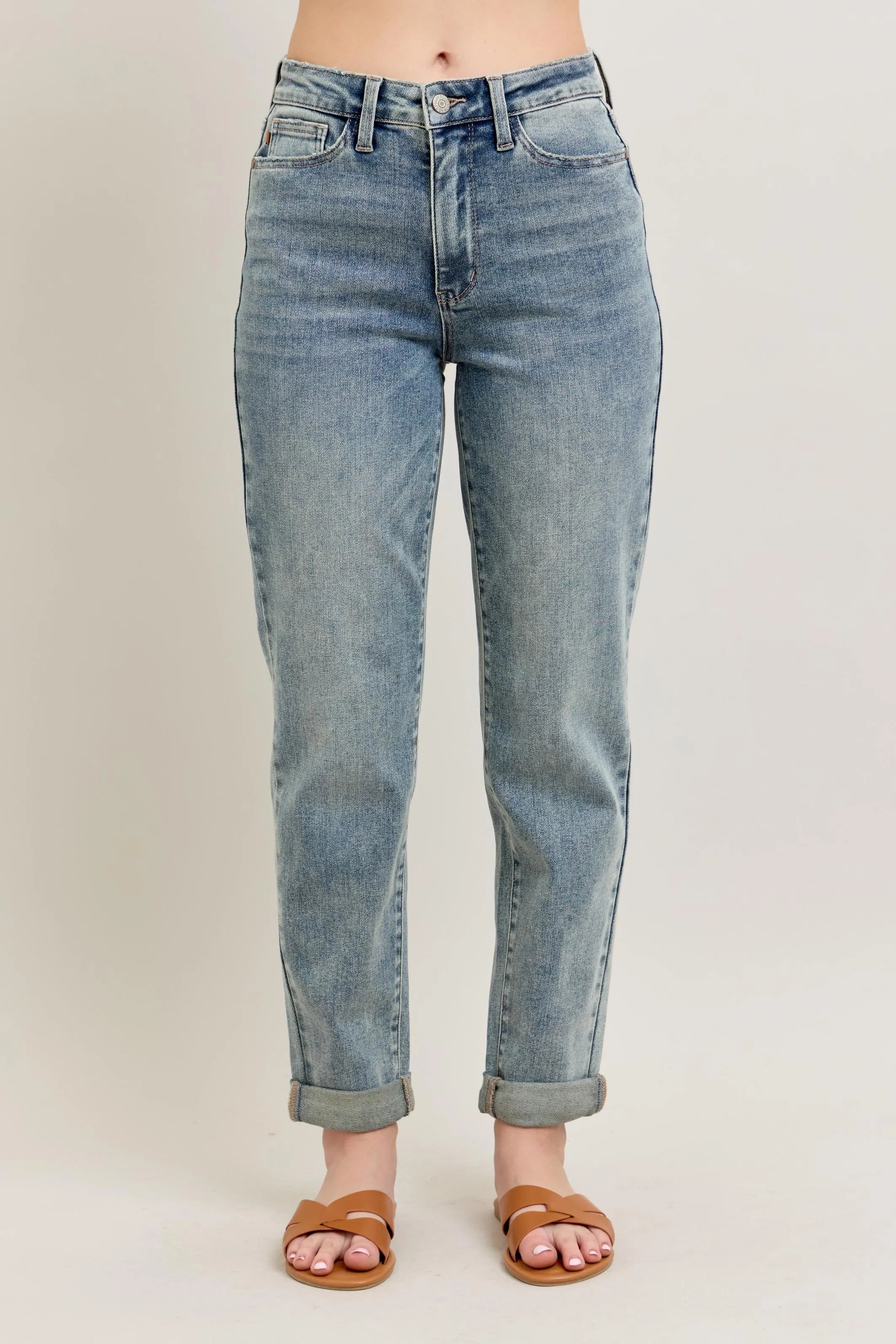 Judy Blue Full Size Hw Vintage Wash Double Roll Cuff Bf Jeans Plus Size - Women / Jeans & Denim by Trendsi | Available at Handbags Specialist Headquarter