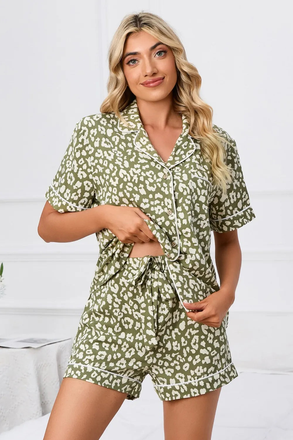 Full Size Leopard Short Sleeve Top and Shorts Lounge Set Plus Size - Sleepwear by Trendsi | Available at Handbags Specialist Headquarter