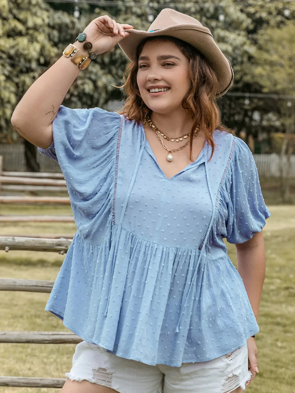 Plus Size Swiss Dot Tie Neck Short Sleeve Blouse - Plus Size Shirts by Trendsi | Available at Handbags Specialist Headquarter