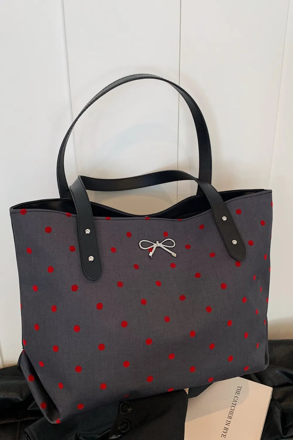 Polyester Bow Polka Dot Tote Bag - Tote Bag by Trendsi | Available at Handbags Specialist Headquarter