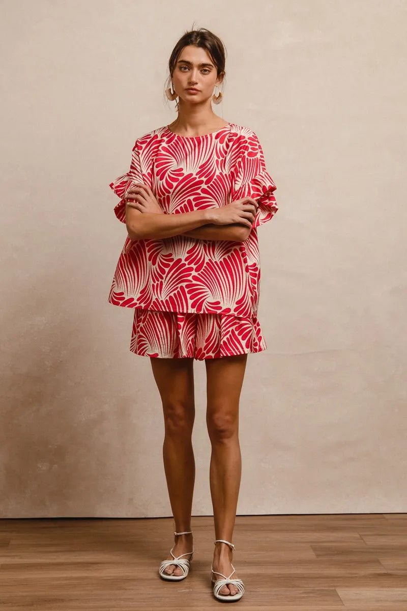 BiBi Print Woven Ruffled Sleeves Top - Tops by Trendsi | Available at Handbags Specialist Headquarter