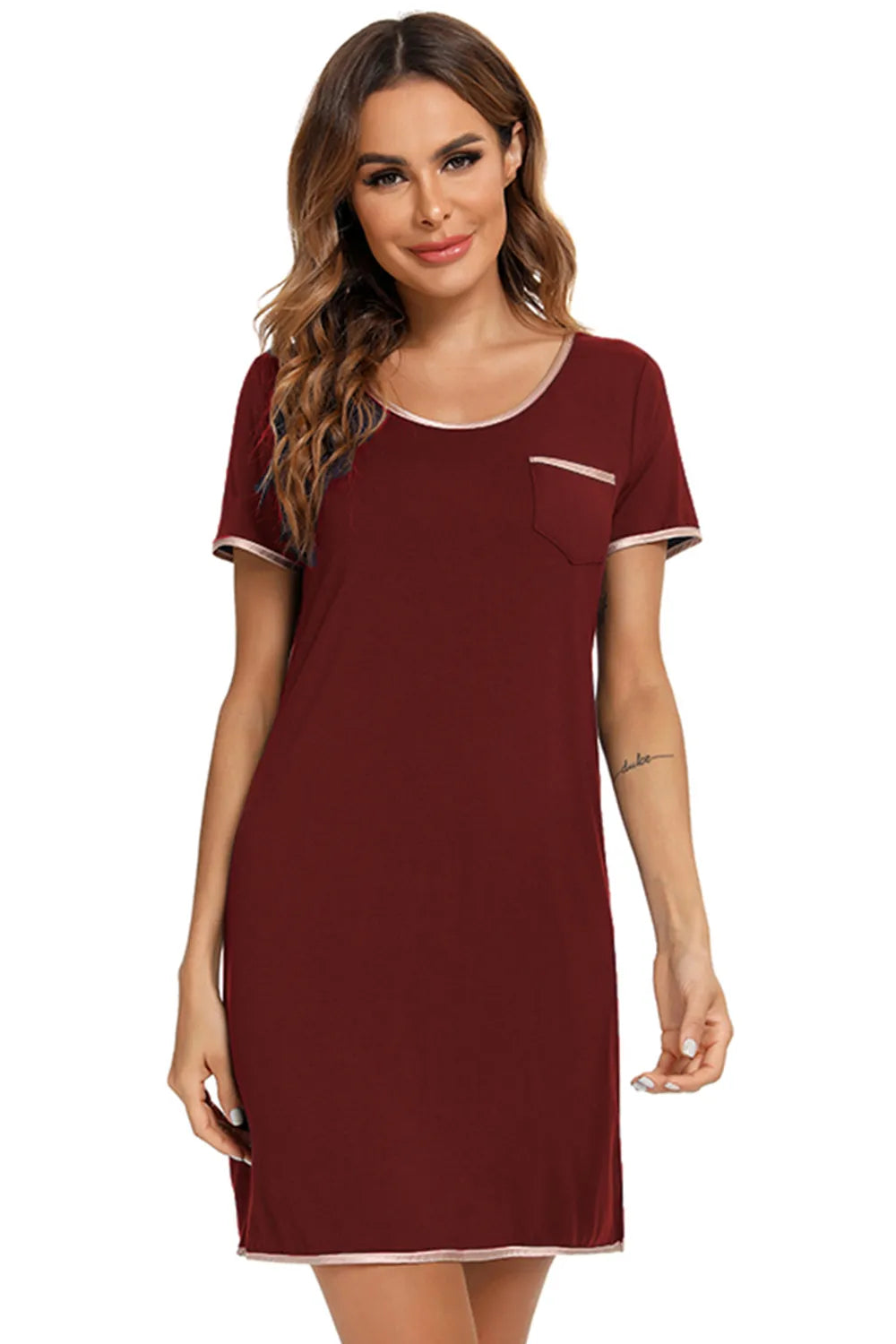 Contrast Trim Pocketed Round Neck Lounge Dress - Sleepwear by Trendsi | Available at Handbags Specialist Headquarter