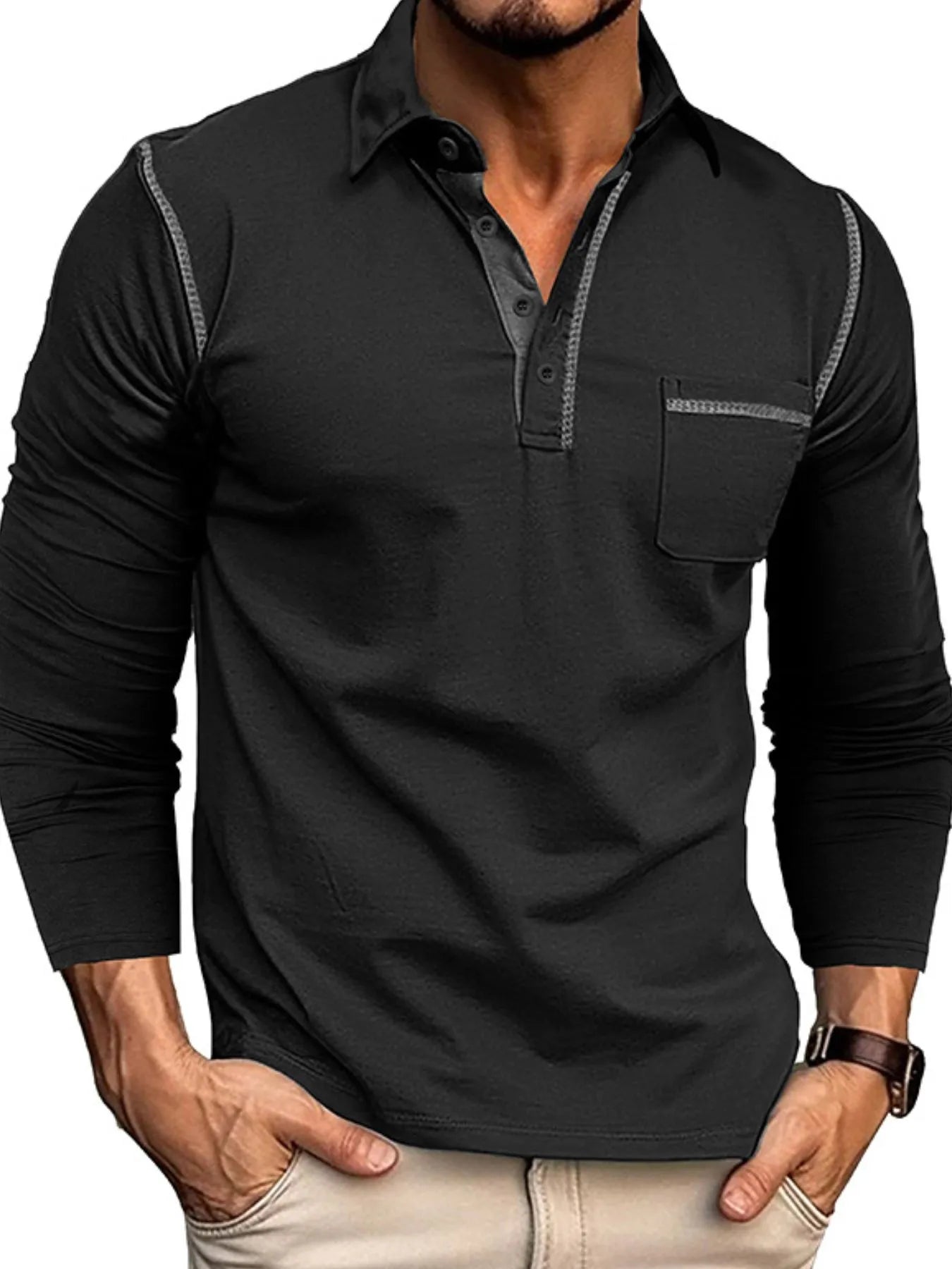 Men's Long Sleeve Polo Shirt with Contrast Stitching - Men's Polo shirt by Trendsi | Available at Handbags Specialist Headquarter