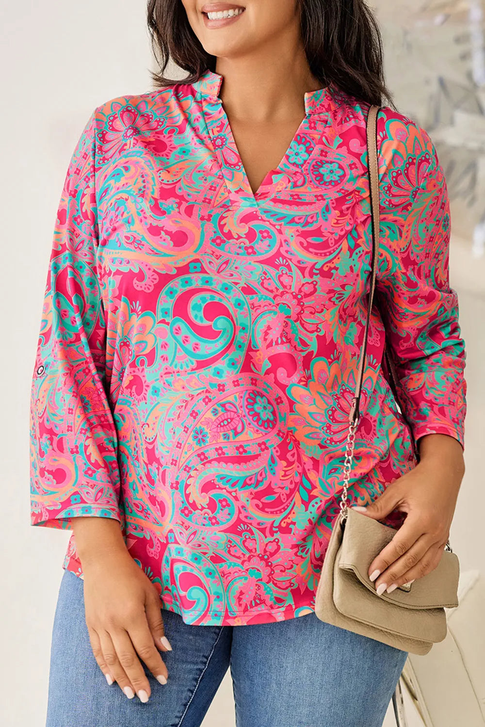 Plus Size Printed Notched Long Sleeve Blouse - Plus Size Shirts by Trendsi | Available at Handbags Specialist Headquarter