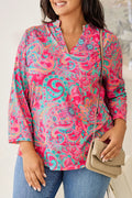 Plus Size Printed Notched Long Sleeve Blouse - Plus Size Shirts by Trendsi | Available at Handbags Specialist Headquarter