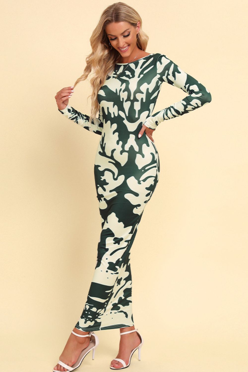 Printed Backless Long Sleeve Maxi Dress - Maxi Dress by Trendsi | Available at Handbags Specialist Headquarter