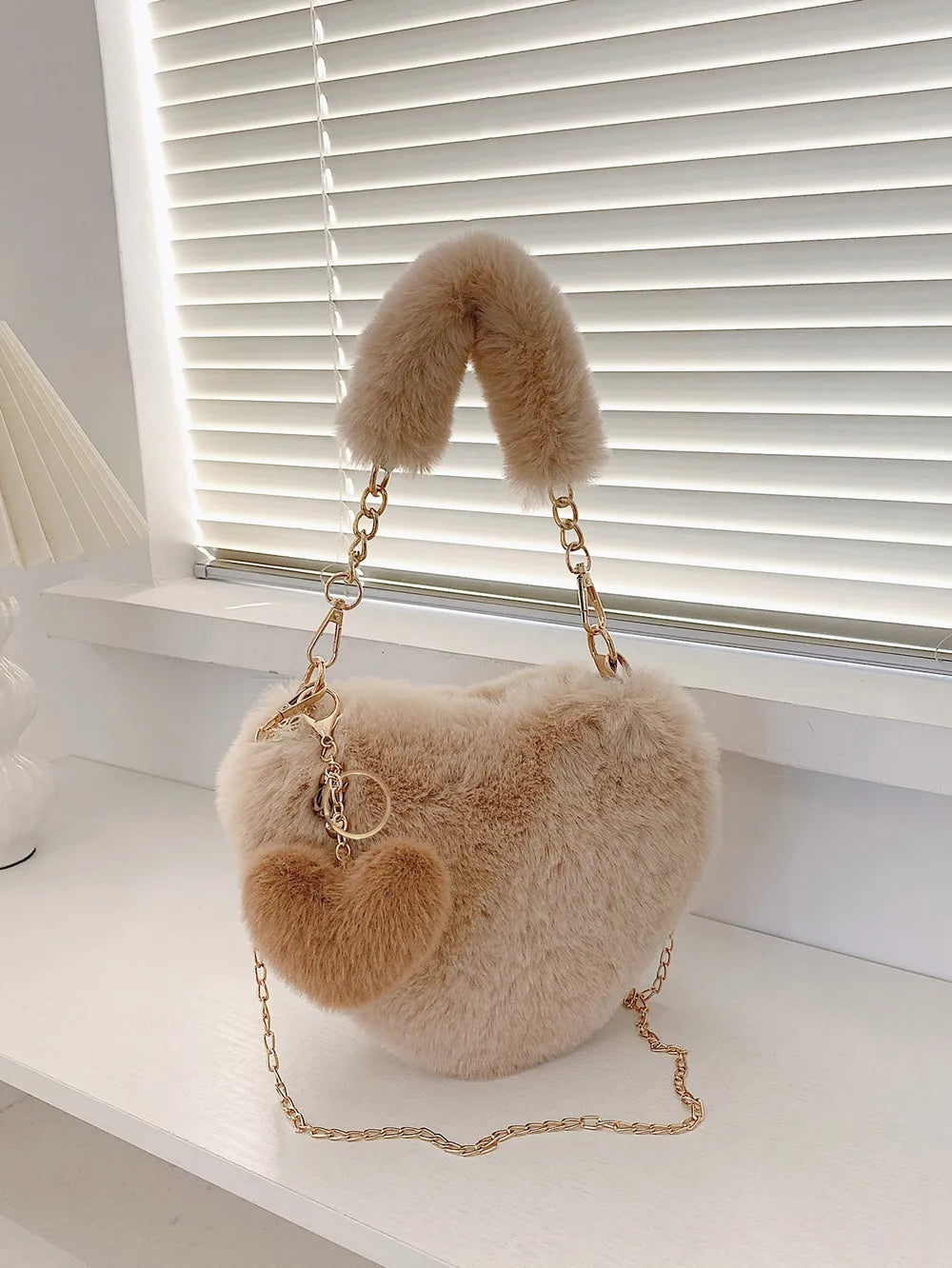 Heart Shape Faux Fur Handbag - handbags by Trendsi | Available at Handbags Specialist Headquarter