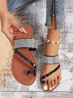 Rhinestone Toe Loop Flats Sandals - Women Sandals by Trendsi | Available at Handbags Specialist Headquarter