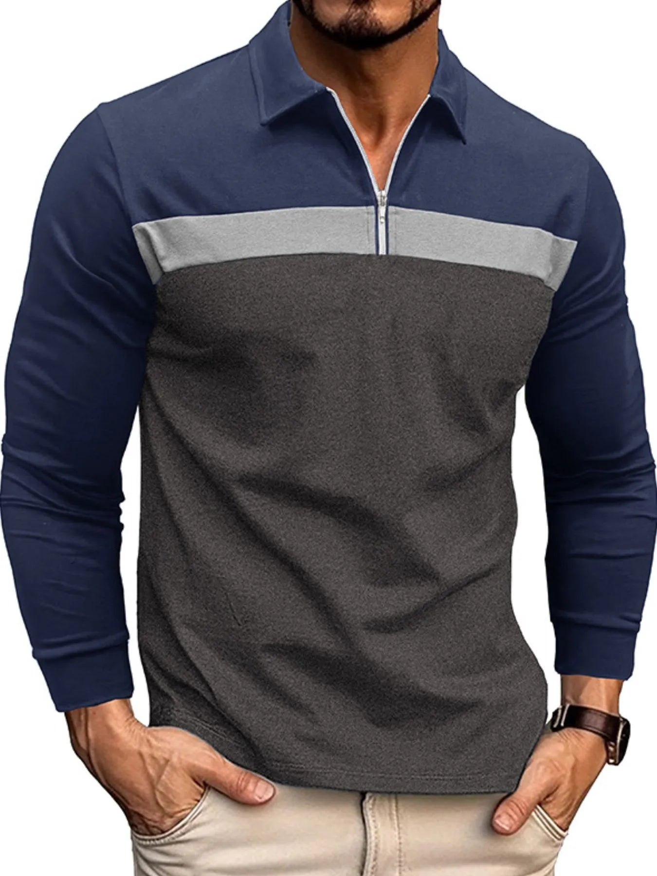 Men's Color Block Long Sleeve Polo Shirt - Men's Polo shirt by Trendsi | Available at Handbags Specialist Headquarter