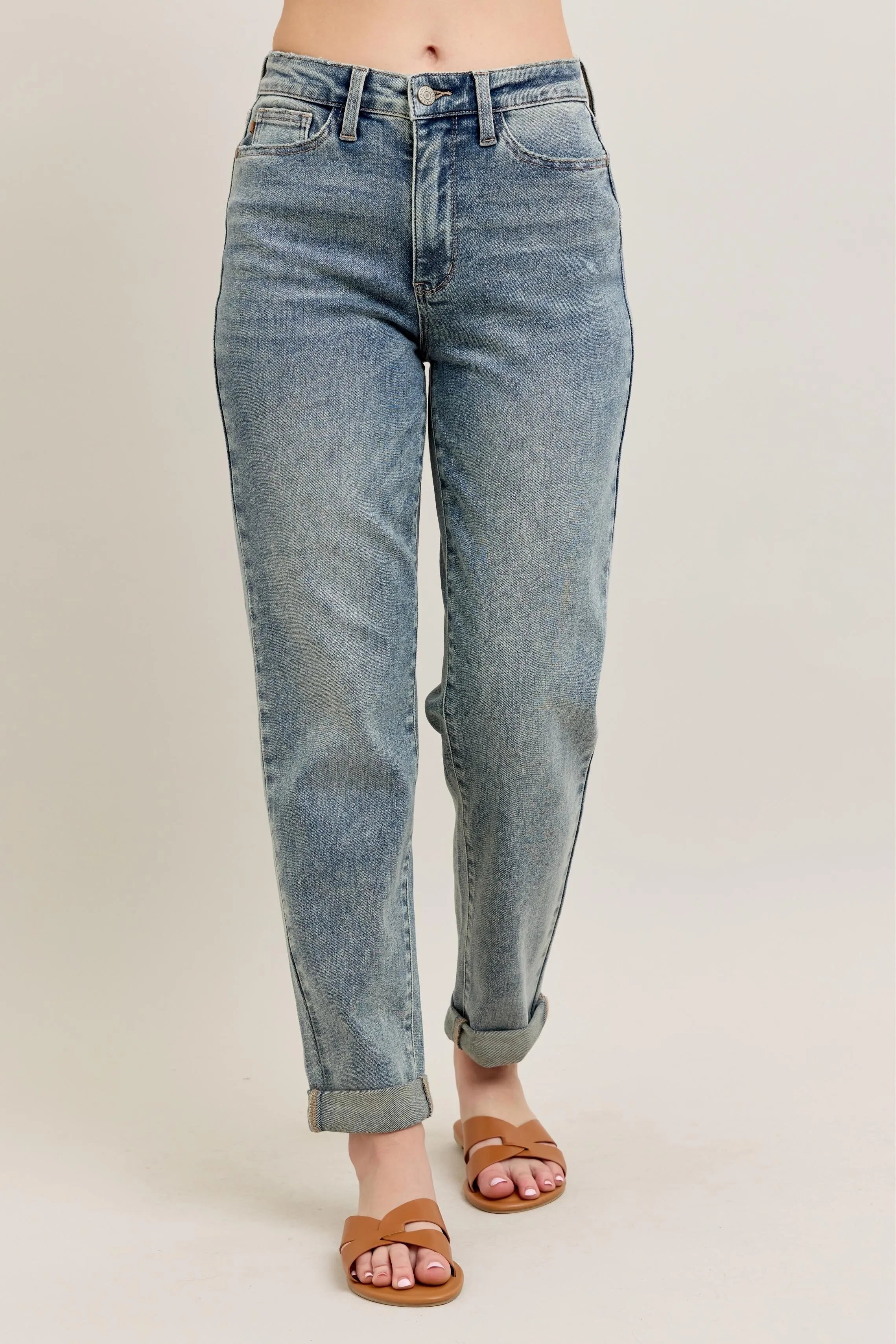 Judy Blue Full Size Hw Vintage Wash Double Roll Cuff Bf Jeans Plus Size - Women / Jeans & Denim by Trendsi | Available at Handbags Specialist Headquarter