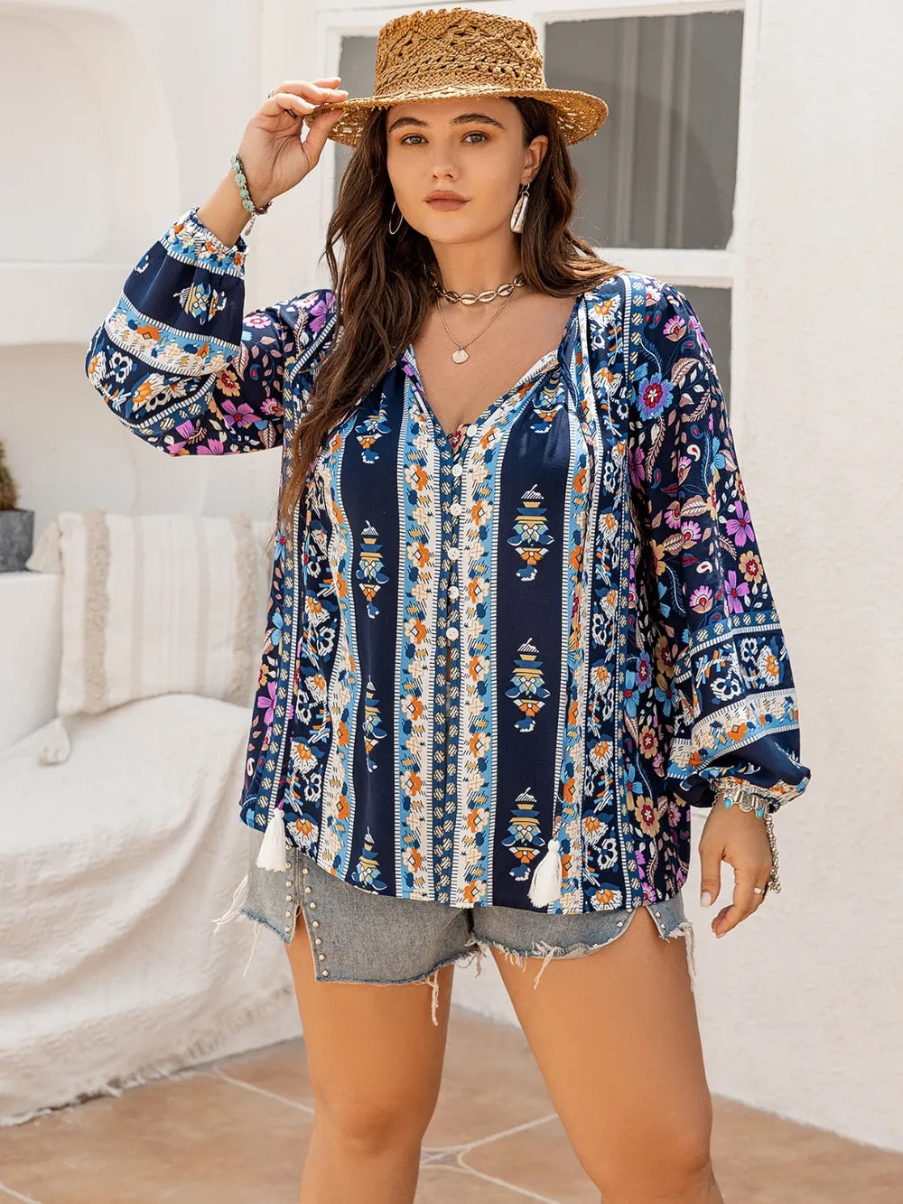 Plus Size Tie Neck Tassel Printed Blouse - Plus Size Shirts by Trendsi | Available at Handbags Specialist Headquarter