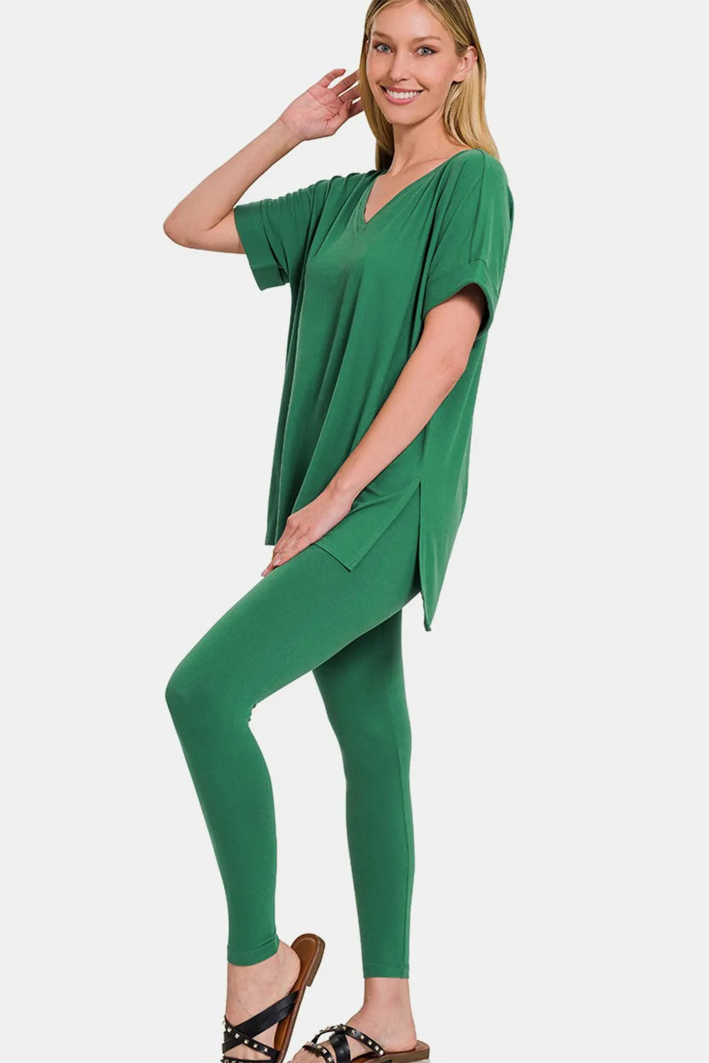 Zenana Full Size V-Neck Rolled Short Sleeve T-Shirt and Leggings Lounge Set - Sleepwear by Trendsi | Available at Handbags Specialist Headquarter