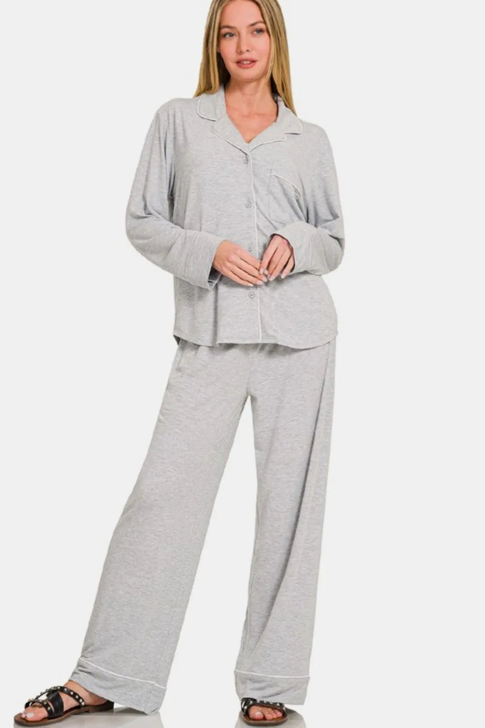Zenana Button Down Long Sleeve Top and Pants Lounge Set - Sleepwear by Trendsi | Available at Handbags Specialist Headquarter